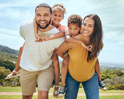 Buy stock photo Happy family, mother and father with children on back in a nature park for bonding and relaxing in summer. Smile, mom an dad love enjoying quality time with siblings or kids outdoors for fresh air