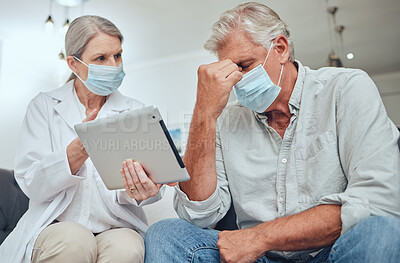 Buy stock photo Healthcare, digital tablet and covid diagnosis by doctor and patient consulting at hospital. Medical, face mask and internet report for man suffering cancer, stress and compliance, insurance or error