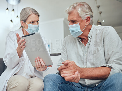 Buy stock photo Tablet, face mask and doctor with senior patient speaking about test results during health consultation. Medical, mobile and healthcare worker consulting elderly man with covid at clinic in Australia