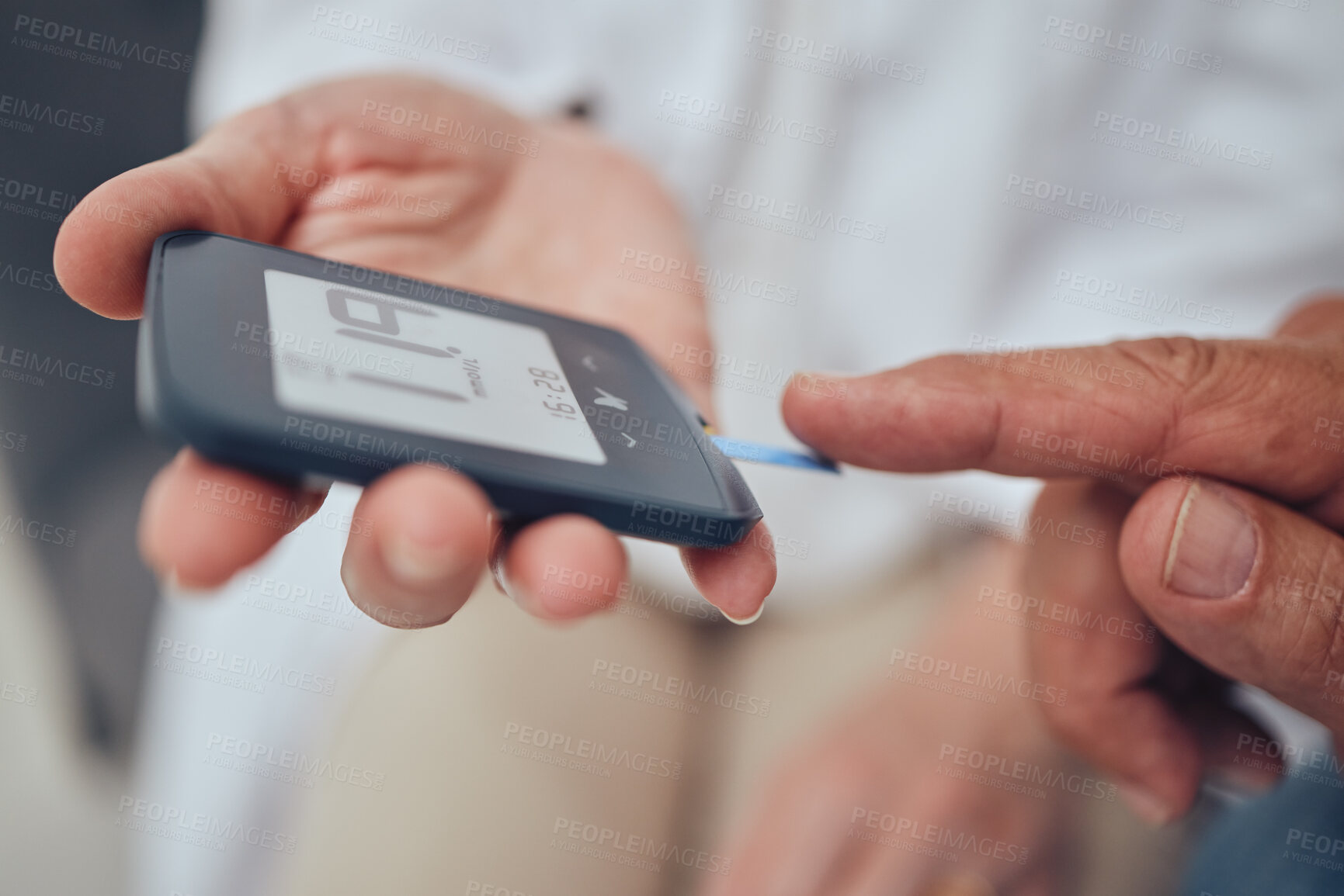 Buy stock photo Doctor, man or fingers in diabetes glucometer test at house, home living room or hospital in medical, healthcare or insurance. Zoom, diabetic patient or blood glucose hands in insulin management help