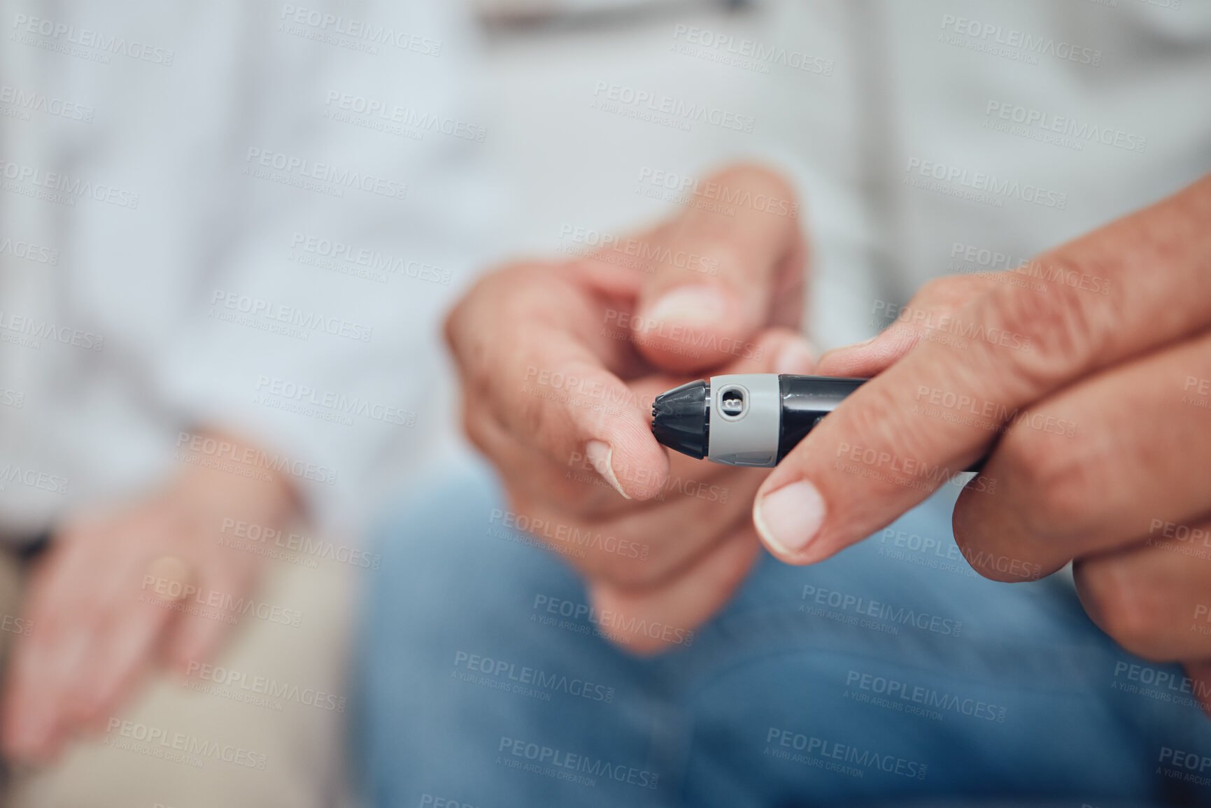 Buy stock photo Man, fingers or diabetes test on glucometer pen in house living room, home or hospital in medical healthcare or insurance check. Zoom, hands or diabetic patient in blood glucose or insulin management