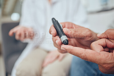 Buy stock photo Finger, healthcare and diabetes with a senior man testing his blood sugar level while in his retirement home. Medical, wellness and test with a mature male using a glucometer to measure his glucose