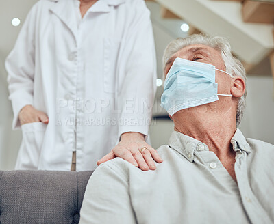 Buy stock photo Covid, retirement and assisted living with a man in a mask and doctor during a home visit appointment. Health, medical and insurance with a senior male patient and caregiver during the corona virus