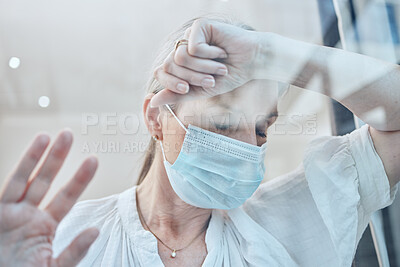 Buy stock photo Senior woman, covid face mask or depression in house quarantine or home lockdown safety. Covid 19, window or sick retirement elderly with stress, anxiety or mental health in government law compliance