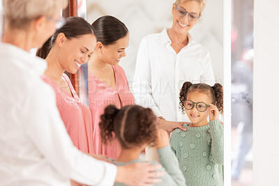 Buy stock photo Glasses, family and children with a mother and daughter at the optometrist for a choice of prescription lenses. Optometry, eyewear or kids with a woman and child customer buying spectacles for vision