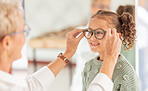 Vision, eye care glasses and child with optometrist for ophthalmology consultation, help or support with eyesight. Healthcare service, optical check and expert consulting youth patient at eye exam
