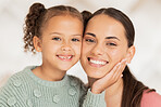 Mother, daughter and face portrait of love, care and bond together on a blur background. Woman, child and caring parent with her kid for bonding, affection and loving relationship while relaxing 
