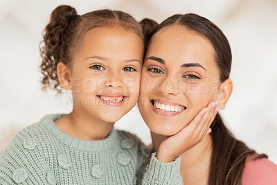 Buy stock photo Mother, daughter and face portrait of love, care and bond together on a blur background. Woman, child and caring parent with her kid for bonding, affection and loving relationship while relaxing 