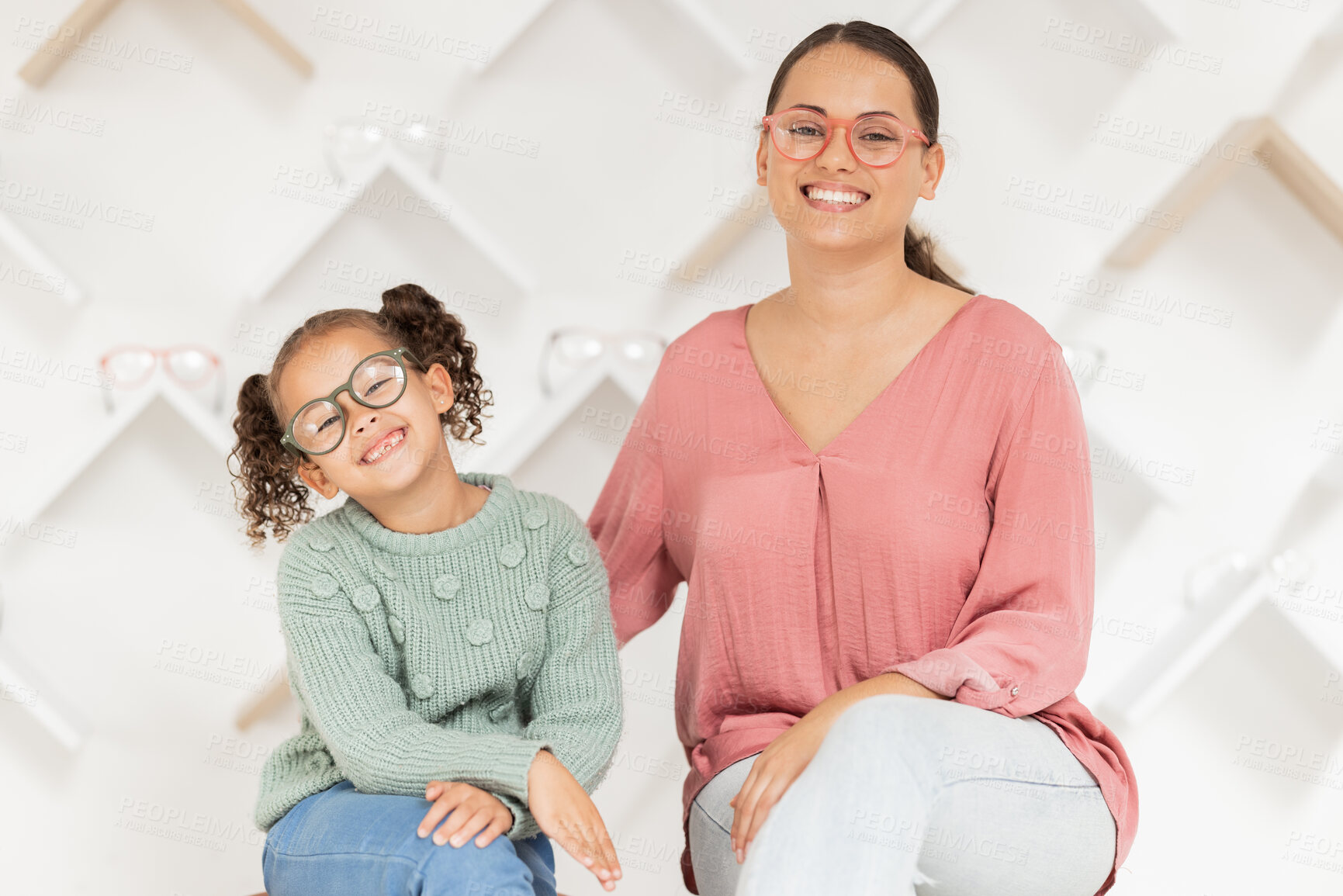 Buy stock photo Family, eye care and glasses on mother and child in optics store for shopping, optometry and health care while advertising lens or frame choice. Portrait of woman and girl happy with vision insurance