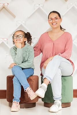 Buy stock photo Glasses, portrait and mother with her child at an eye clinic retail store for healthy vision and eyes wellness. Happy customer, mom and young girl enjoys shopping for quality eye care with insurance