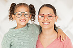 Mom, daughter smile and eyeglasses portrait for strong eyes, vision and optical health with white background. Mother child happiness, happy together for glasses and wellness, seeing and healthy sight