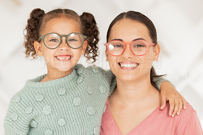 Buy stock photo Mom, daughter smile and glasses portrait for strong eyes, vision and optical health with white background. Mother child happiness, happy together for eyeglasses and wellness, seeing and healthy sight