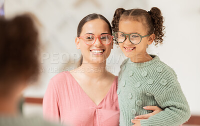 Buy stock photo Glasses, mirror and mother with child happy for vision eye care insurance, frame choice and medical family deal, promotion or discount. Happy mom and girl kid with eyes service in lens shop or store