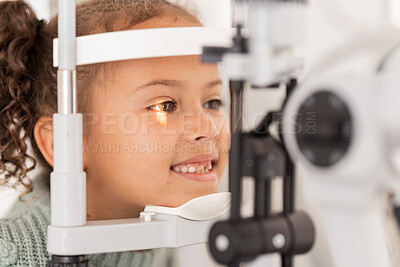 Buy stock photo Vision, test and girl for eye exam in the opthalmologist office with equipment for glasses. Optics, examination and female child testing for eyecare health or wellness for optometry for healthcare