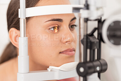Buy stock photo Vision, eyesight and woman gets ophthalmology eye exam with light on iris testing to see sight. Healthcare, medical insurance and eyes, girl getting healthy visual refraction eye test at clinic.