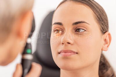 Buy stock photo Test, eyes and woman in vision medical consultation with optometrist for eye health and care. Ophthalmology, optometry and optical exam in healthcare office with light in doctor appointment 