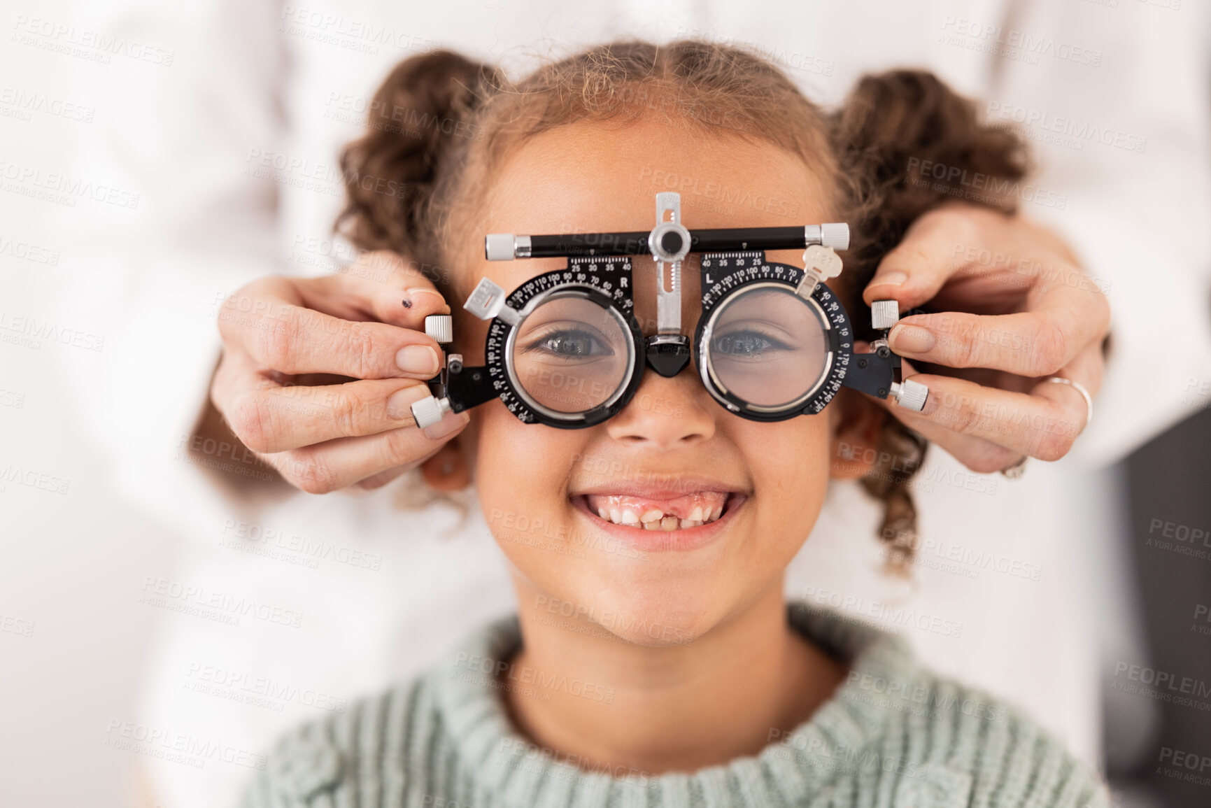 Buy stock photo Eye, vision and test with child for glasses in optometry office for eye care and health. Eyewear, exam and medical opthalmology with little girl testing for lenses and frames diagnosis for optics