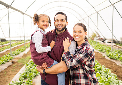Buy stock photo Farming, agriculture and happy family together for sustainability, small business and healthy lifestyle. Happy agro farmer man, woman and child learning ecology on sustainable farm or greenhouse