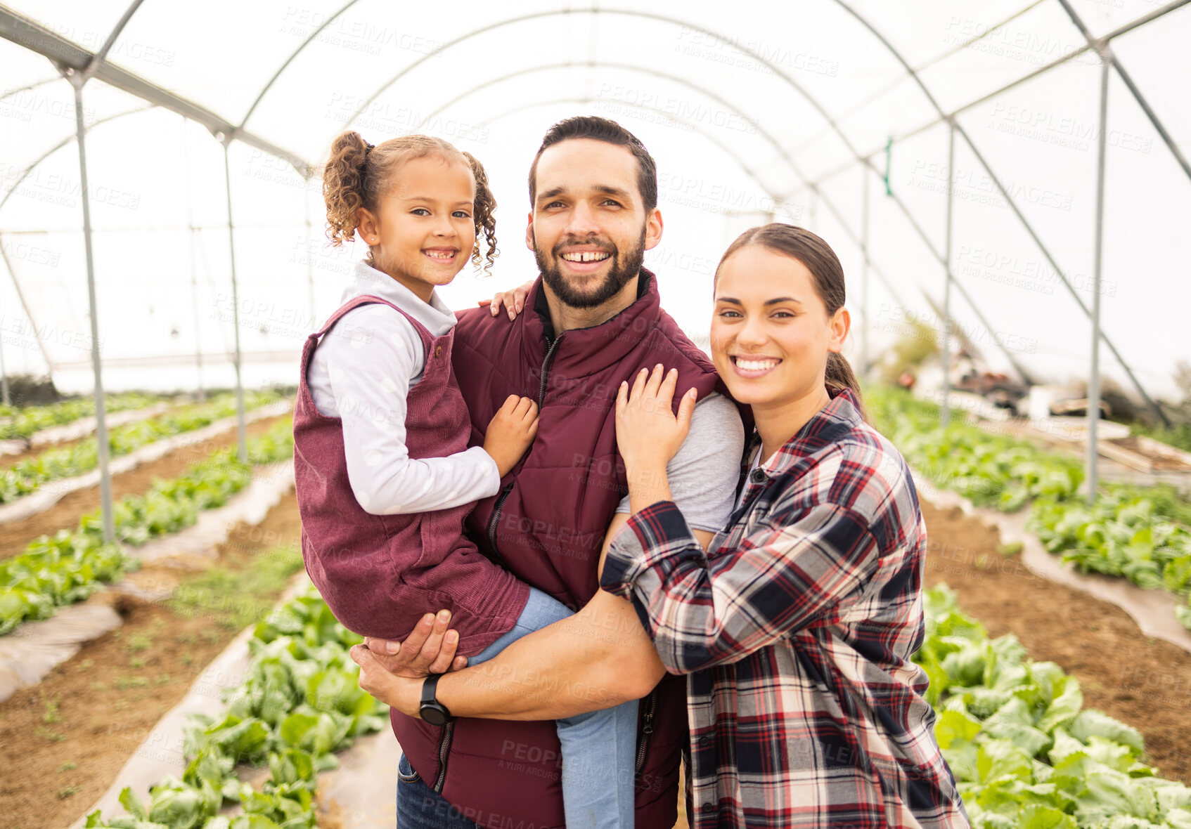 Buy stock photo Farming, agriculture and happy family together for sustainability, small business and healthy lifestyle. Happy agro farmer man, woman and child learning ecology on sustainable farm or greenhouse