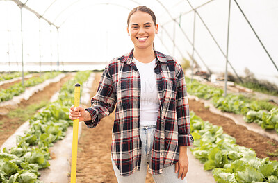 Buy stock photo Farm, portrait and farming woman ready to harvest in garden for produce and agriculture in a greenhouse. Agro, horticulture and gardener female agronomist ready for environmental cultivation of plant