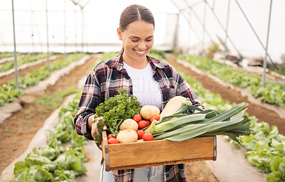 Buy stock photo Vegetables, greenhouse and woman farmer smile, sustainable farming and happy with healthy produce. Agriculture, female and happiness for nutrition diet, natural organic food and eco friendly harvest.