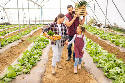 Buy stock photo Family, agriculture and farmer parents, girl and organic vegetable produce in a greenhouse in spring. Happy mother, father and child carrying box of vegetables on farming business or nutrition garden