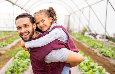 Buy stock photo Greenhouse farmer, dad with girl and happy smile of girl getting piggyback ride from father in an organic farm for sustainable crop growth. Healthy food produce, natural crops and modern agriculture 