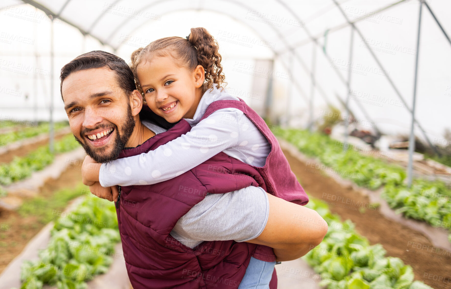 Buy stock photo Greenhouse farmer, dad with girl and happy smile of girl getting piggyback ride from father in an organic farm for sustainable crop growth. Healthy food produce, natural crops and modern agriculture 