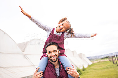 Buy stock photo Farm, play and portrait of father, child or happy family having fun, bond and enjoy quality time together on agriculture grass field. Love, sustainability farming and eco farmer walking with kid girl