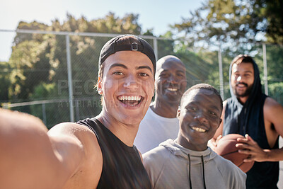 Buy stock photo Selfie, basketball and team on a sports court for partnership, collaboration and training together with picture. Happy, young and athlete group with a photo for social media after fitness exercise