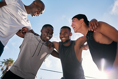 Buy stock photo Happy, team building and fitness men on a basketball court planning a strategy, mission and goals in a training game. Sports, mindset and healthy athletes laughing, talking or speaking of a mission