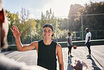 Basketball, welcome and high five, team and greeting on outdoor sport court in summer with friends. Happy basketball player, men and athlete start training, workout or fitness with sports practice