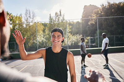 Buy stock photo Basketball, welcome and high five, team and greeting on outdoor sport court in summer with friends. Happy basketball player, men and athlete start training, workout or fitness with sports practice