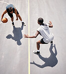 Basketball and basketball player on the court from above for a game during summer for fitness and sport. Sports, active and youth playing competitive match for cardio, stamina and  tournament 