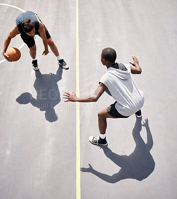 Buy stock photo Basketball and basketball player on the court from above for a game during summer for fitness and sport. Sports, active and youth playing competitive match for cardio, stamina and  tournament 