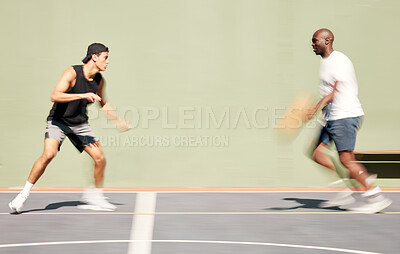 Buy stock photo Basketball, team and blur motion for training on court, playing or have fun for game day in summer. Sports, players or practice for match, wellness or health for collaboration, tournament and outdoor