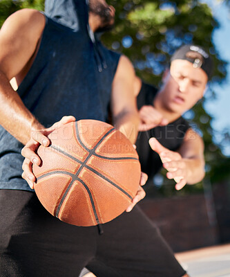 Buy stock photo Basketball player, dribble carry ball and playing on basketball court for fitness, heal and training. Basketball friends, outdoor summer sports and workout, game or contest in sunshine on city court