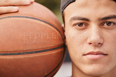 Basketball, sports and portrait of face with ball, basketball player standing in outdoor court. Fitness, exercise and closeup of man with focus, motivation and inspiration to win game and training