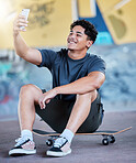 Skateboard, selfie and man outdoor at an urban skate park for exercise, training and fun while taking a profile picture for social media. Gen z, skating and sports motivation content on a smartphone