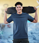 Skateboard, freedom and street sports with man outdoor for skating, exercise and training for competition, wellness and fun at skate park. Portrait of gen z skater with his board for sport and travel