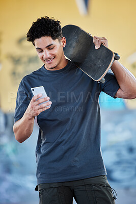 Buy stock photo Young man with skateboard in city, smartphone communication with social media and urban street fashion in Mexico. Laughing at online meme, 5g digital network and guy checking mobile in skate park