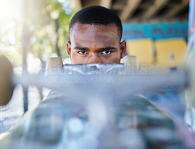 Buy stock photo Portrait, skateboard and black man in city, street or outdoors ready for skating practice. Skateboarding sports, exercise and serious young male preparing for training or fitness workout in town.

