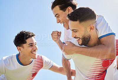 Buy stock photo Football celebration, sports winner and team excited, happy or celebrate winning goal, competition victory or game success. Blue sky, teamwork achievement and people support athlete soccer player