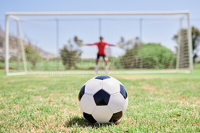 Buy stock photo Soccer ball, football field and goalkeeper ready for defense to stop goals for penalty kick game on soccer field, grass pitch and sports stadium. Football player, goalie challenge and target training