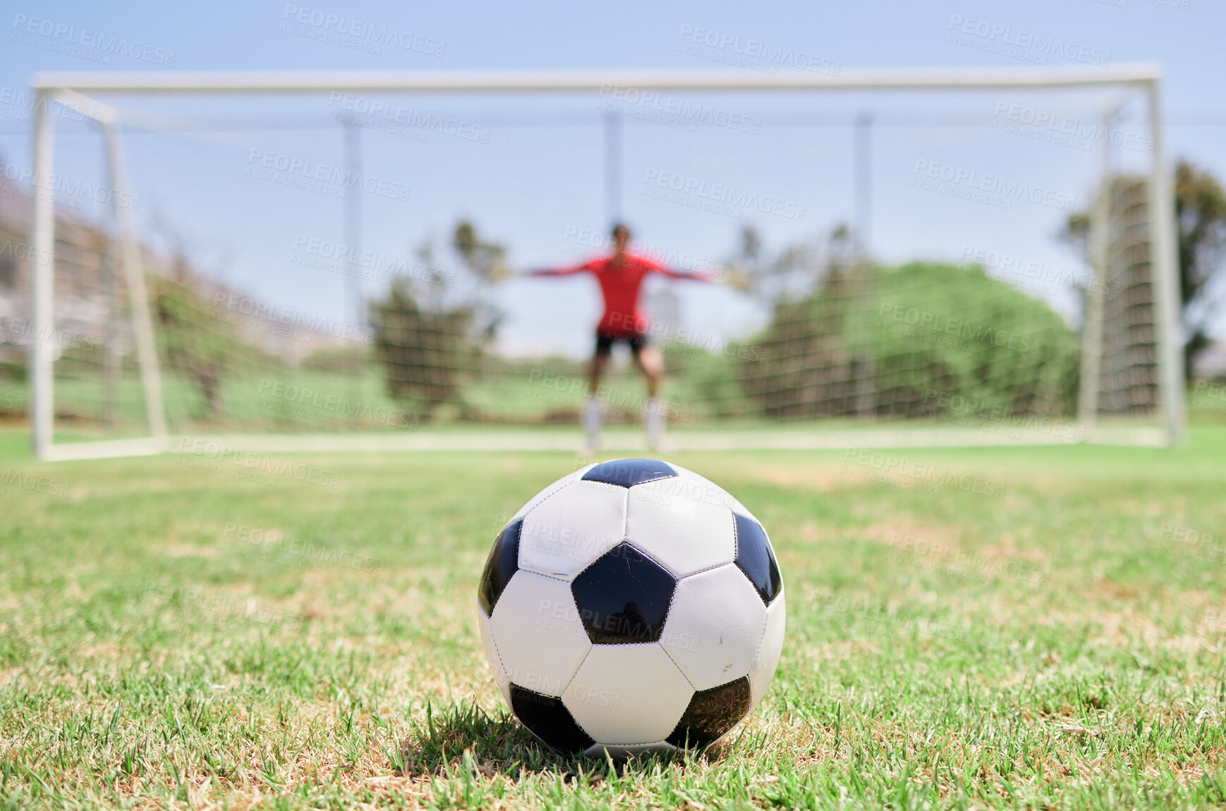 Buy stock photo Soccer ball, football field and goalkeeper ready for defense to stop goals for penalty kick game on soccer field, grass pitch and sports stadium. Football player, goalie challenge and target training