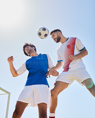 Buy stock photo Soccer, sport and fitness, men with soccer ball playing match, rival and jump on sports field outdoor. Soccer player, exercise and athlete play game, cardio and endurance with professional club.