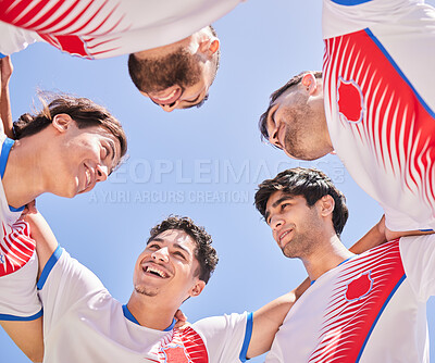 Buy stock photo Soccer, team and huddle for strategy game plan in sports fitness, collaboration or goals in the outdoors. Happy football players in teamwork, meeting or discussion for planning, unity and cooperation