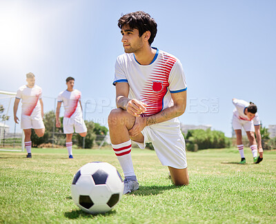 Buy stock photo Sports, team and soccer training, stretching and warm up before game competition on field. Young athlete men, fitness workout and football exercise practice or sport lifestyle motivation outdoors