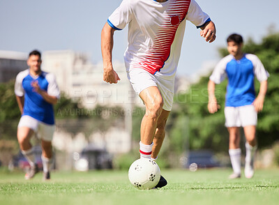 Buy stock photo Soccer, team and football sport athlete in a exercise, training and game with running and teamwork. Outdoor field with soccer player busy with fitness, workout and ball sports cardio on soccer field