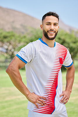 Buy stock photo Fitness, sports and portrait of man on soccer field for training, workout and health. Wellness, exercise and football with soccer player and smile for match, cardio and games competition lifestyle 